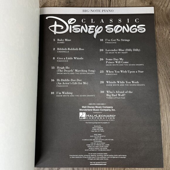 Classic Disney Songs Sheet Music Big Note Piano Songbook Hal Leonard - Picture 4 of 4